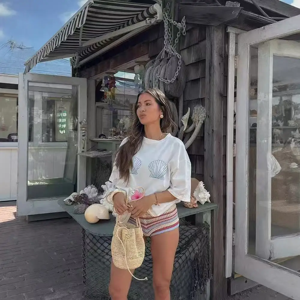 European And American Style Retro Marine Shell 100% Pure Cotton Short Sleeved Summer Cute Loose Beach Women's Oversize T-shirt