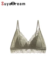 SuyaDream,Women Lace Bras, 100%Silk Lining, Wire Free, Triangle Cup, Thin Padded Bra, 2025 New Cozy Intimates, Pink, Nude