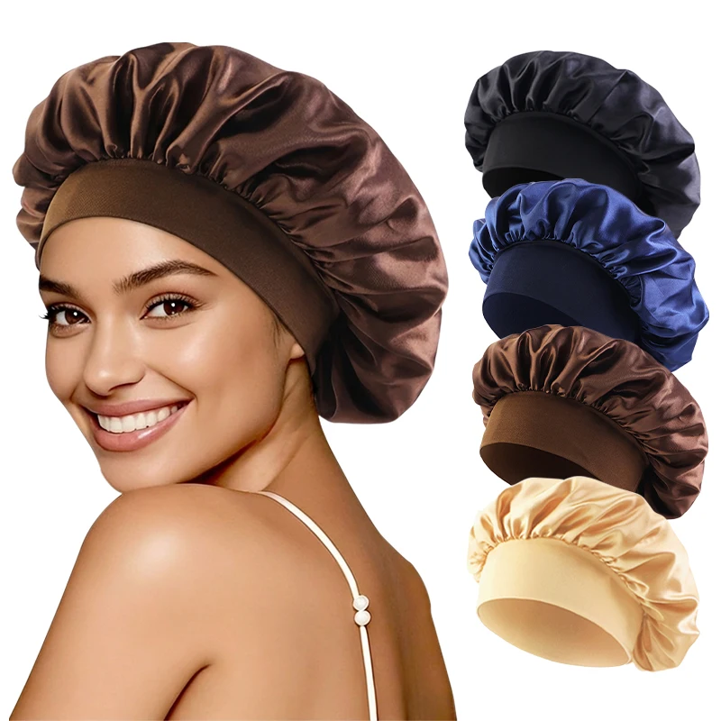 

Новая женская атласная шапочка для сна однотонного цвета, дышащая и мягкая, тюрбан для сна, подходит для кудрявых и вьющихся волос.