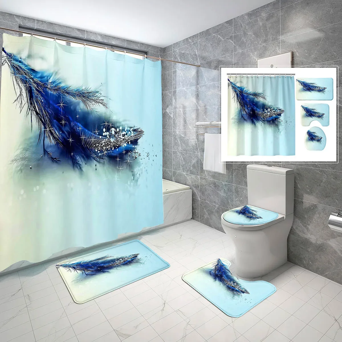 Feather Shower Curtain Set Dark Simple Fashion 4 PCS Bathroom Non-Slip Bath Mat Waterproof Shower Curtain Toilet Cover Set