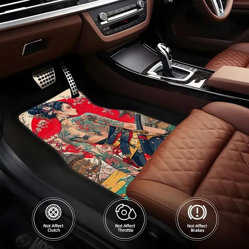 Set Of 4 Female Warrior-Themed Rubber Mats For Cars, Versatile Carpet, Pet-Friendly Interior Accessory, Made From Synthetic Rubb