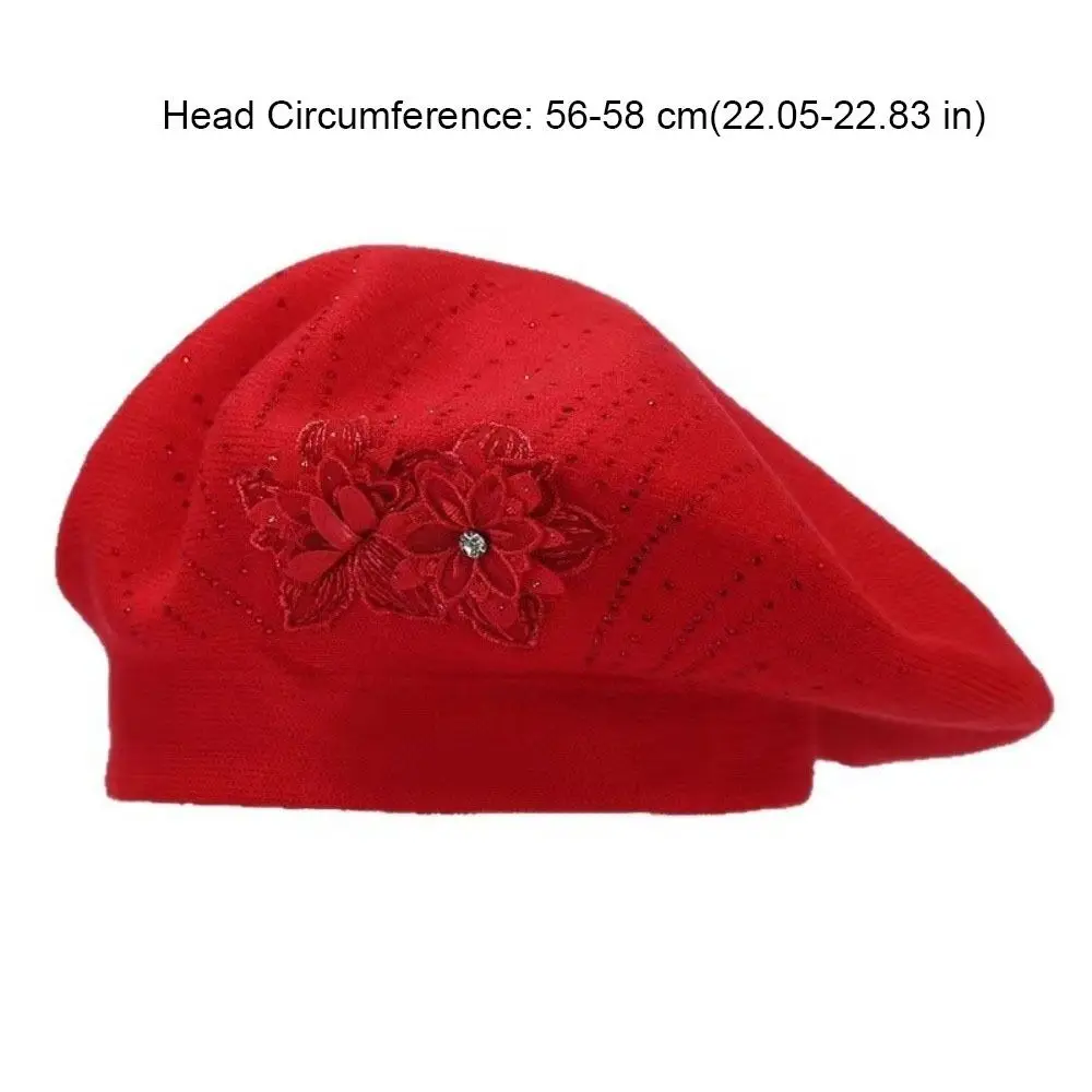 Vintage Solid Color Flower Wool Beret Rhinestone Knitted French Style Painter Cap Soft Warm Beret Hat Women 6