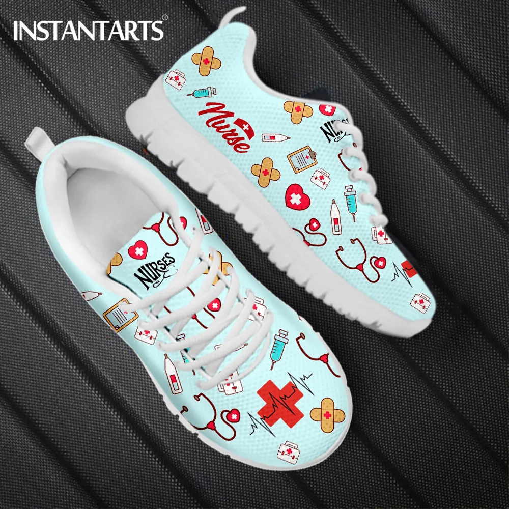 INSTANTARTS 2023 Women Nurse Shoes Breathable Lace up Flat Shoes First Aid Sign Medical Tool Print Ladies Mesh Sneakers Zapatos