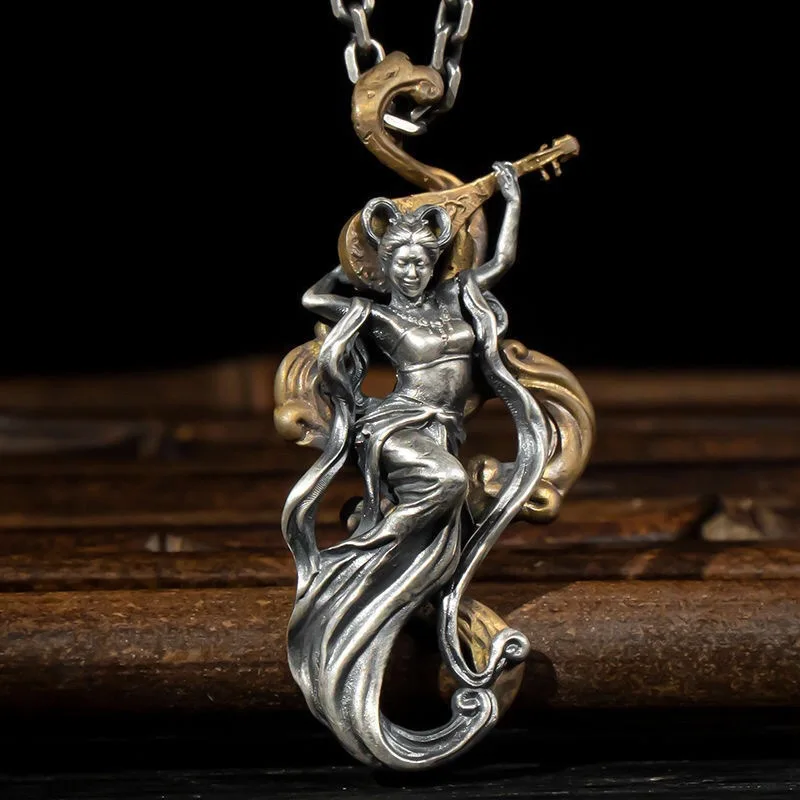 Dunhuang Mogao Grottoes Feiyin Pipa Goddess Pendant Necklace Ladies Men Retro Party Jewelry Memorial Gift