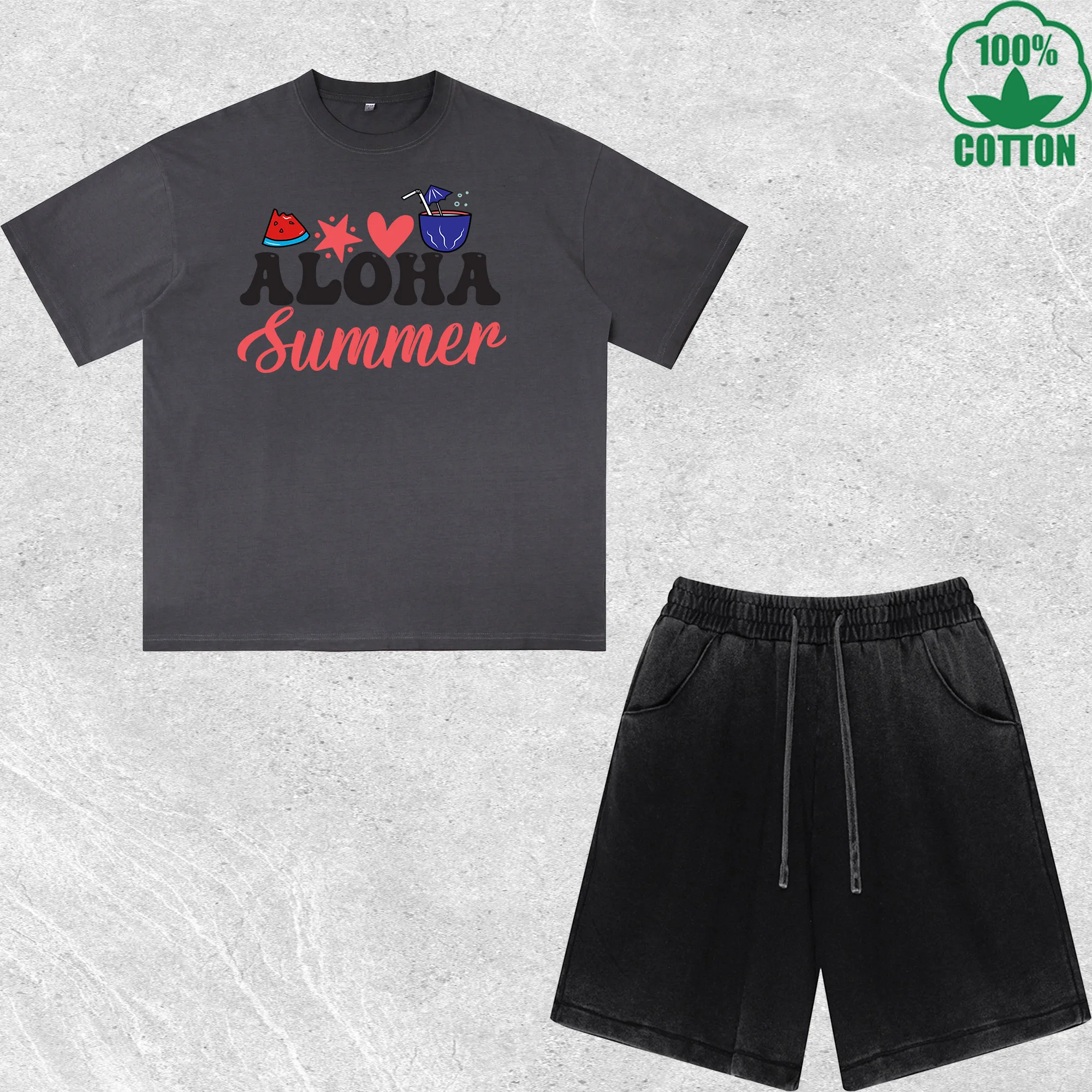 

Aloha Summer Printed Dirty Wash T-Shirt Shorts Set Multicolor Combo Loose Trendy Fashionable 100%Cotton