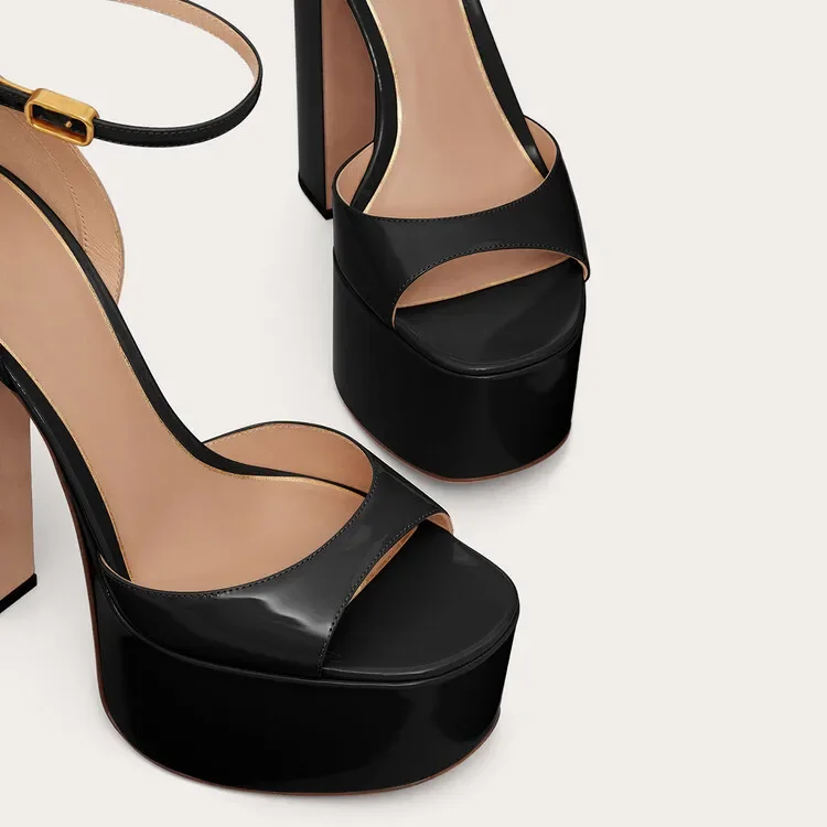 Gold White Size34-43 Sandals Women's Thick Heel Square Head Buckle Waterproof Table Open Toe Hollow Word with High Heel Sandals image 3