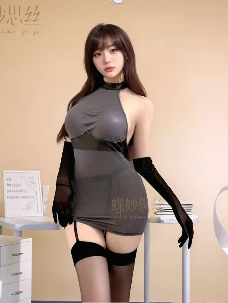 Sexy Transparent Solid Color Mesh Dress Backless Deep V Hanging Neck Sleeveless Wrap Hip Dress Pure Desire Charming Elegant D2QJ