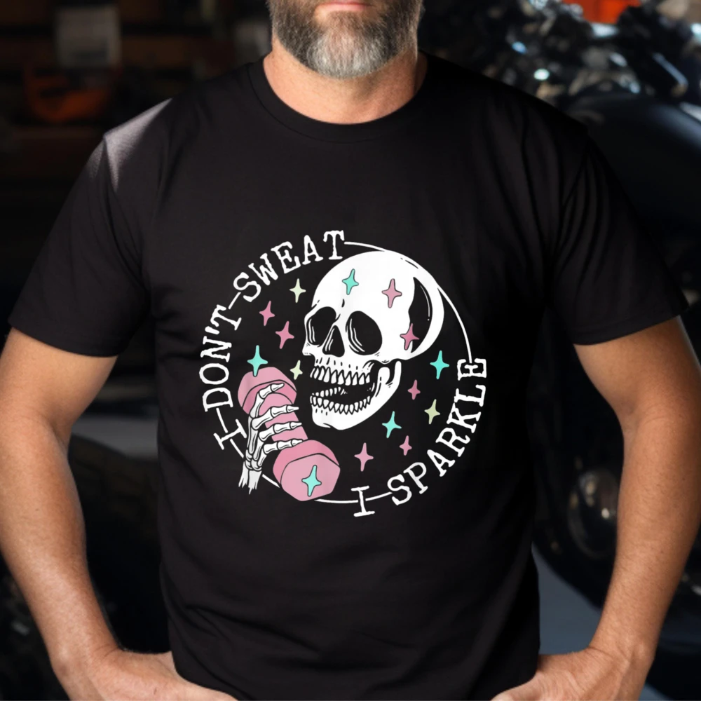 Don't Sweat I Sparkle Skull Dumbbell Print Men O-Neck Cotton T Shirt Gym Fitness Workout Short Sleeve Streetwear Graphic Tee Top