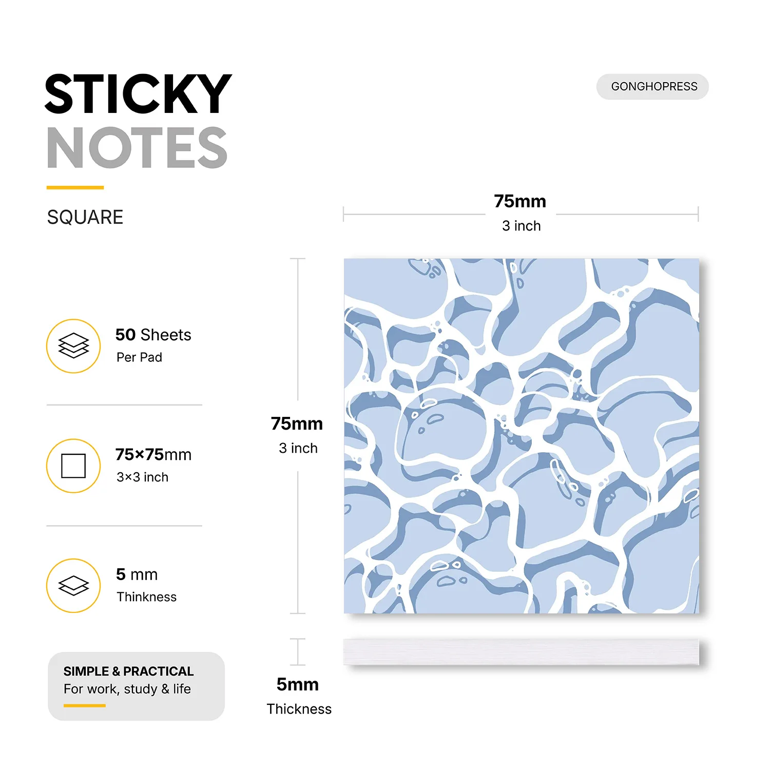2pcs Blue Water Pattern Sticky Notes, 100 Sheets Total, 3x3 Inch Self Stick Memo Pads, Cute Square Sticky Note Pads, Removable
