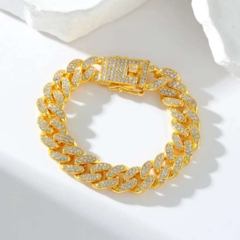 Hip Hop Miami Link Chain Gold Bracelet Clear Crystal Stone Fold Over Closure Big Chain Bracelet For Men Personlity Accessory
