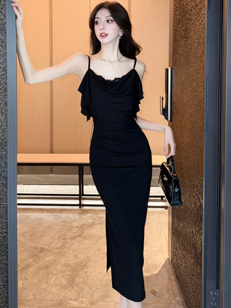 ฤดูร้อนสีดําจีบBodycon Chicลูกไม้สลิงชุดยาวเซ็กซี่ผู้หญิงElegant Ruffledพรหมชุด 2025 เกาหลีชุดราตรีวินเทจ
