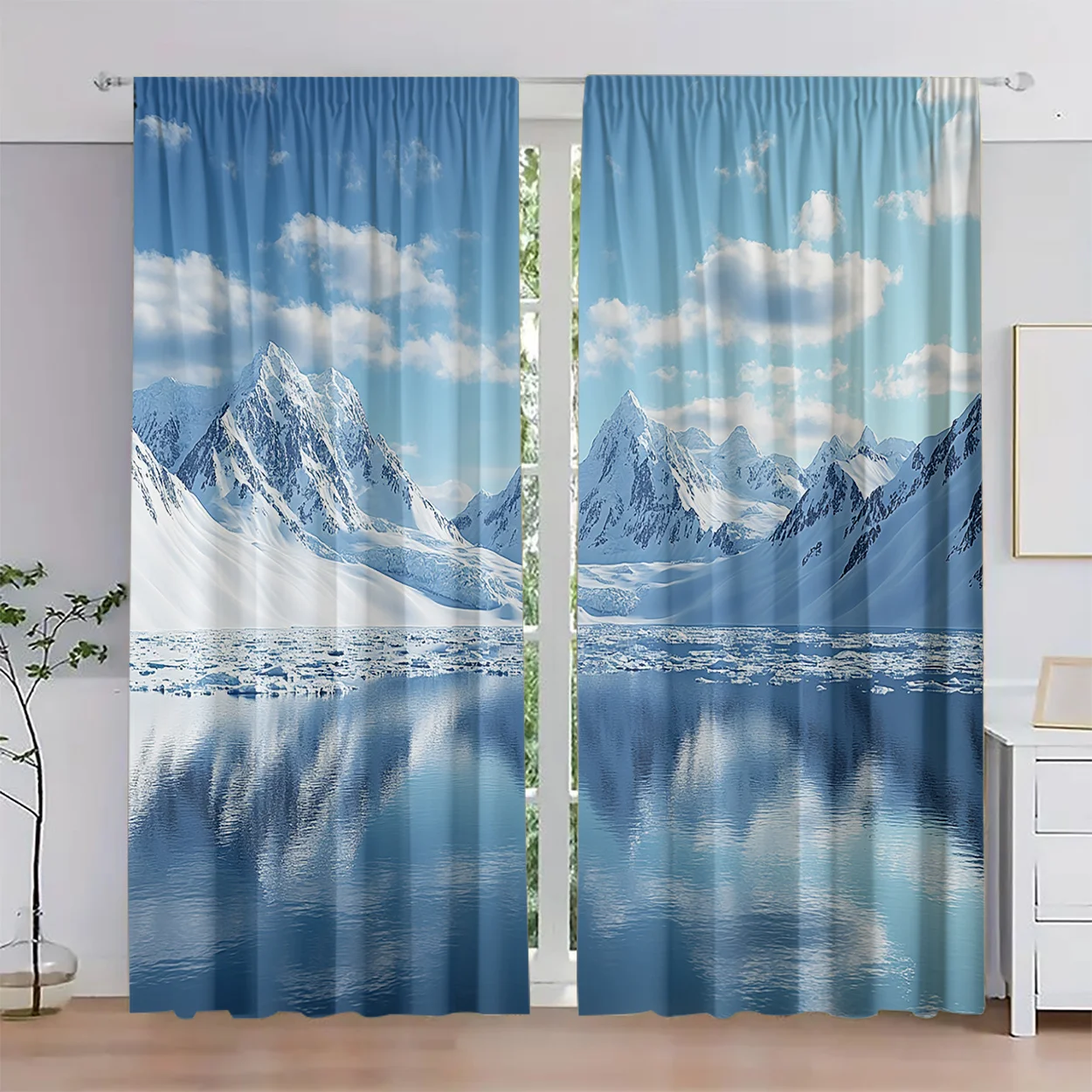 Blue Snow Mountain Lake Curtain, 3D Scenic Landscape Blackout Drapes, Nature View Window Treatment for Living Room Bedroom