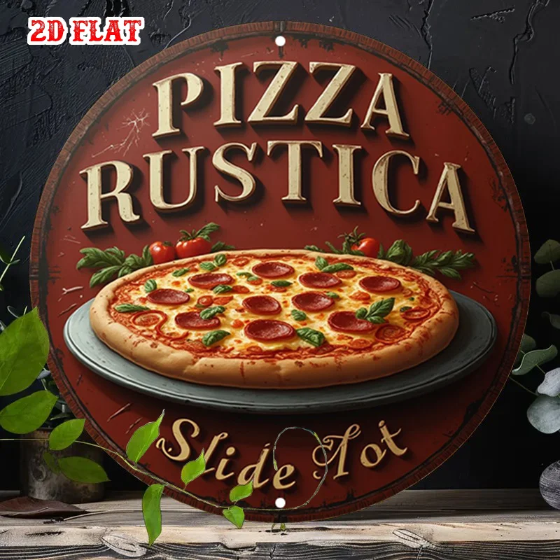 Letrero Redondo de Metal 7.87x7.87 - Arte de Pared Rústico de Pizza de Pepperoni en 2D, Decoración de Cocina Italiana para el Hogar, Cocina y Garaje
