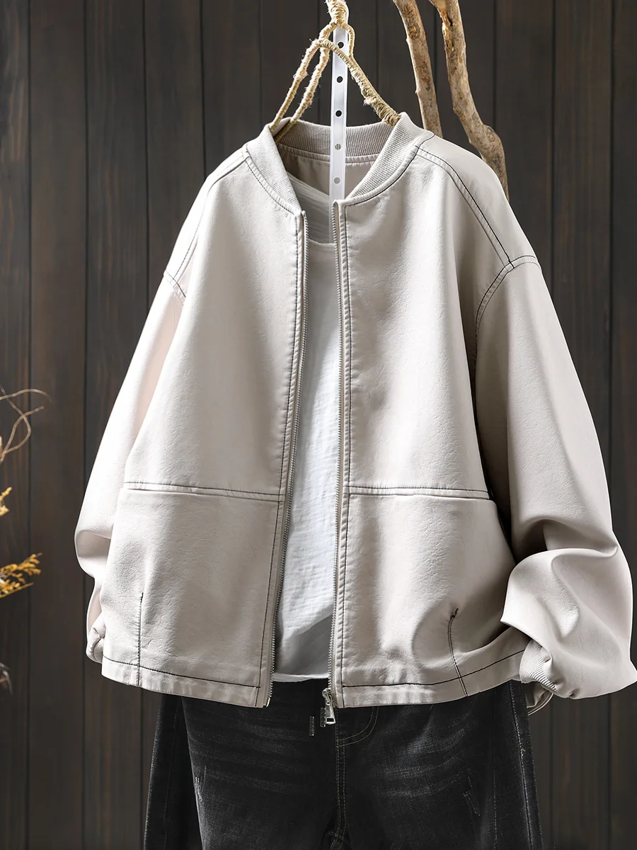 Women's ort PU Leather Jaet Stand Collar Biker Sle Bla And Beige Coat Casual Commute Faion Chinese Production
