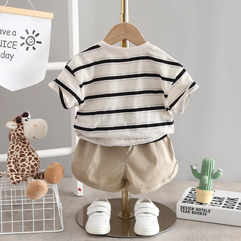 Boys Striped Casual Outfit Round Neck T-shirt & Shorts Kids Summer Clothes Sets