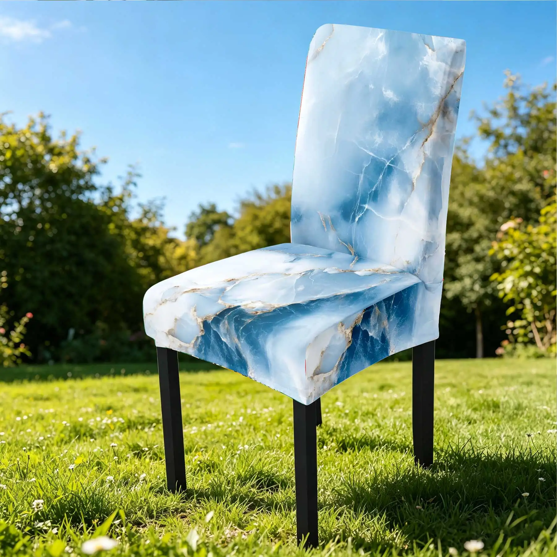 2024 Summer Outdoor Elastic Chair Cover, Blue Marble Pattern Stretchable Seat Protector, Washable Fade - Resis