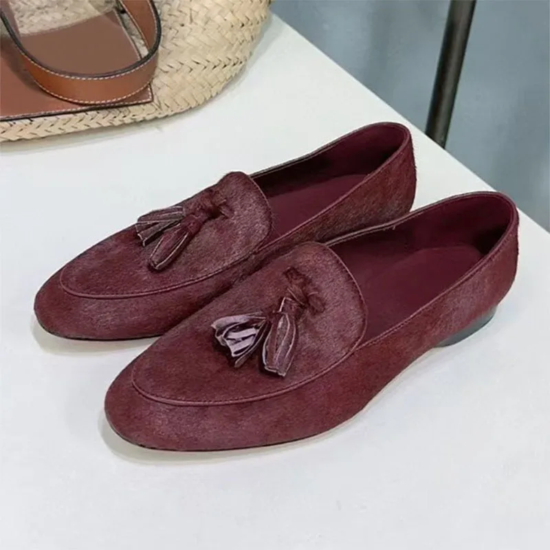 

New Loafers For Woman Horsehair Round Toe Flat Shoes Women Comfort Walking Shoes Suede Leather Fringe Casual Shoes Women