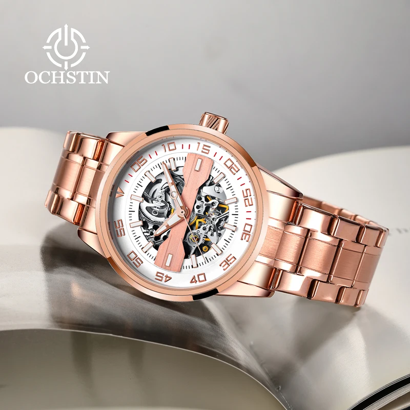 OCHSTIN Male Master Series Hollow Skeleton Mechanical Watch Comfortable Genuine Leather Strap Waterproof Business‑Casual Wrist