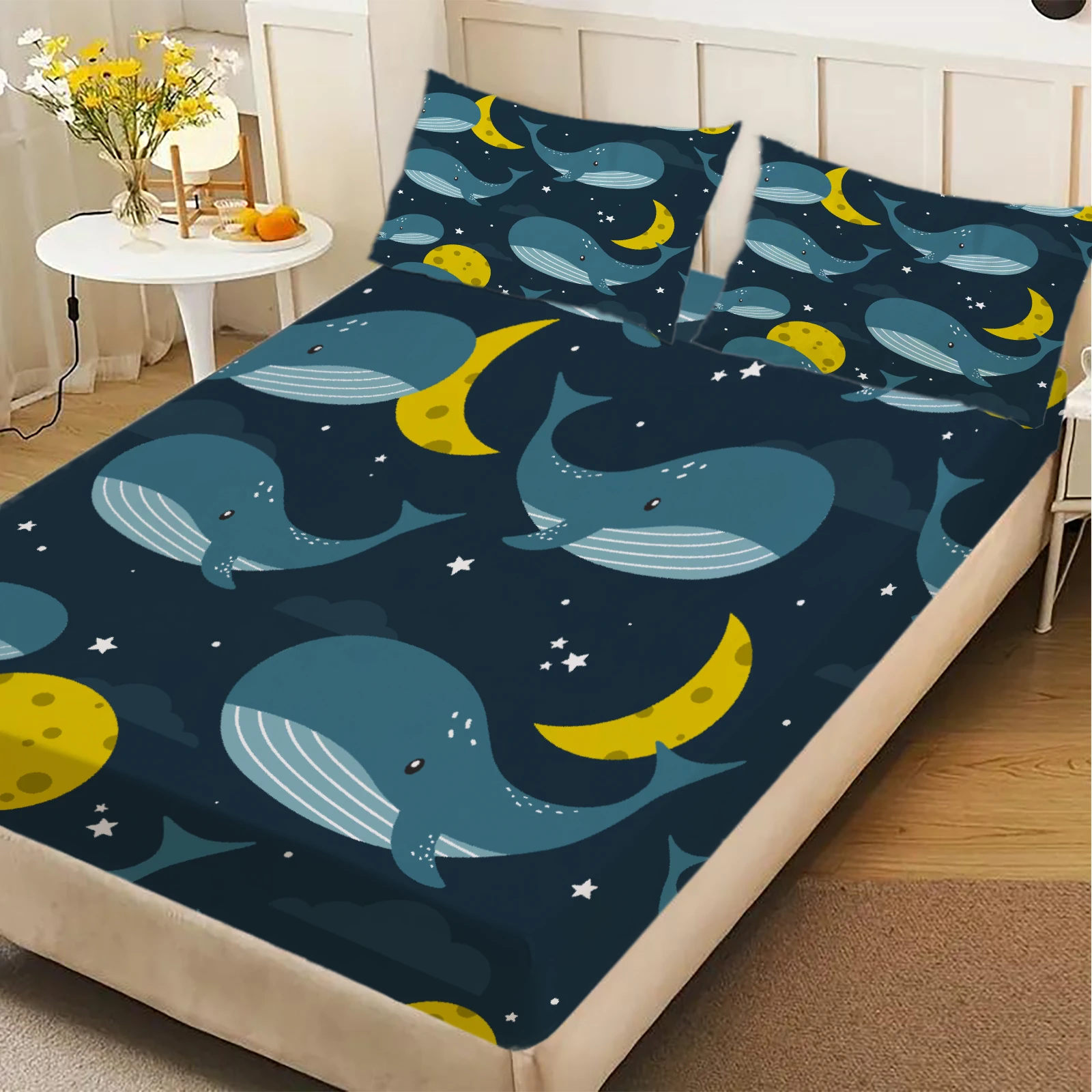 3pcs Fitted Sheet Set Whales Moons Stars Night Sky Wrinkle Resistant Breathable Bed Sheet With Pillowcases For Bedroom Decor