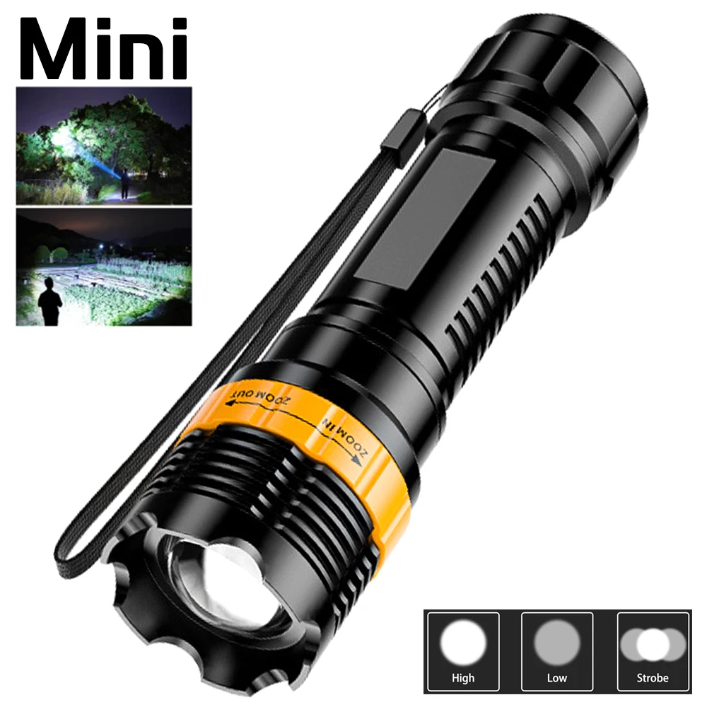 Portable Mini LED Flashlight Zoomable Tactical Torch Long Range Spotlight 3Mode Camping Lantern Outdoor Emergency ABS Floodlight