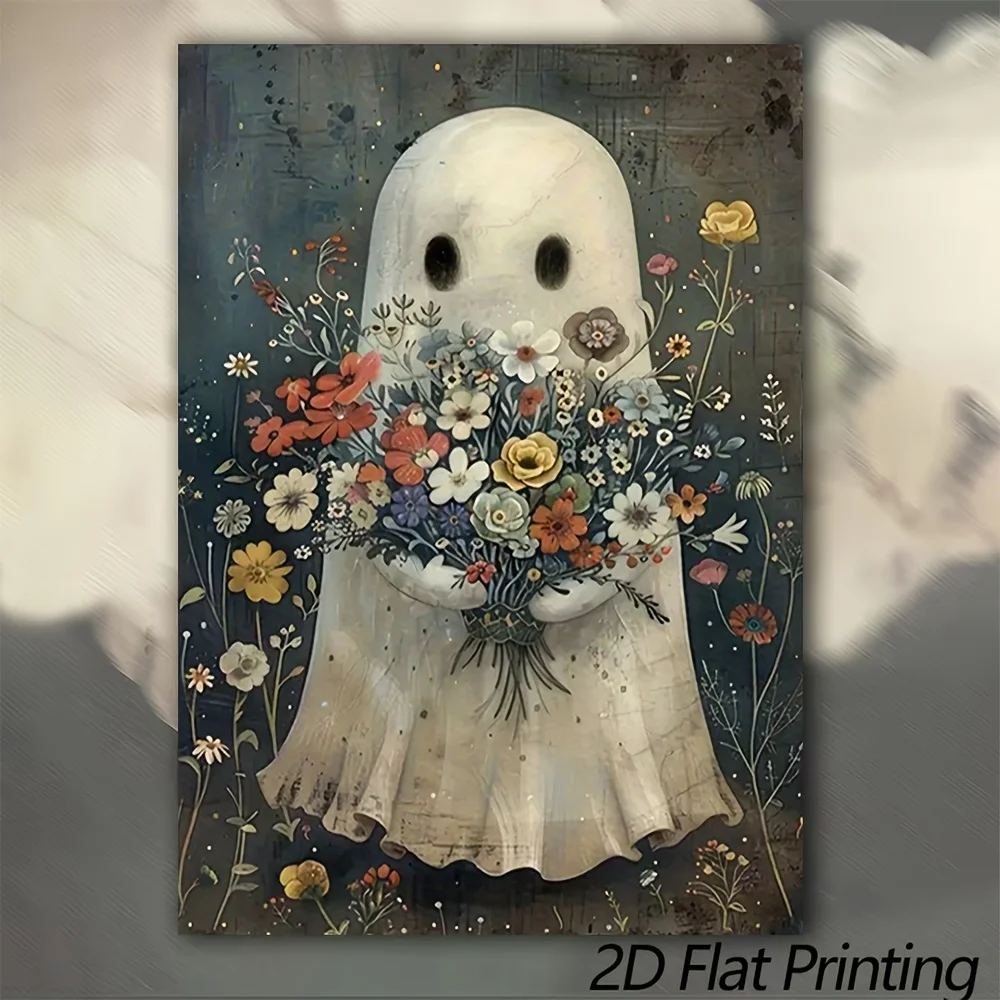 (No frame)2D Flat, 1pc Canvas Painting, Ghost Holding Wildflower Bouquet Wall Art, Whimsical Spooky Decor, Cute Floral Hallow