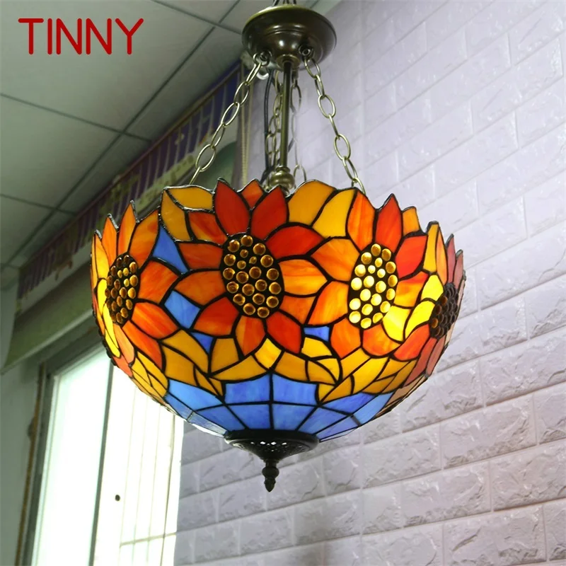 TINNY Tiffany Pendant Light Contemporary LED Sunflower Figure Lamp Fixtures For Home Dining Room