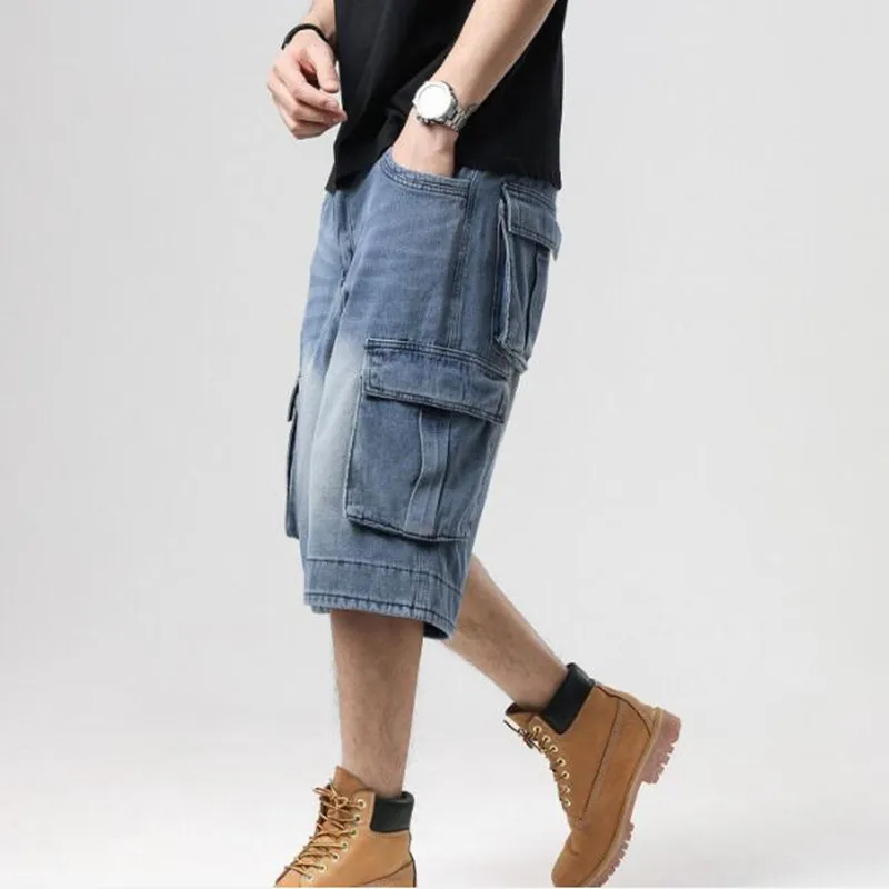 New Denim Short Pants Hip Hop Jeans Mens Cropped Trousers Straight Jeans Mans Wear Big Size 44 46 Bottoms