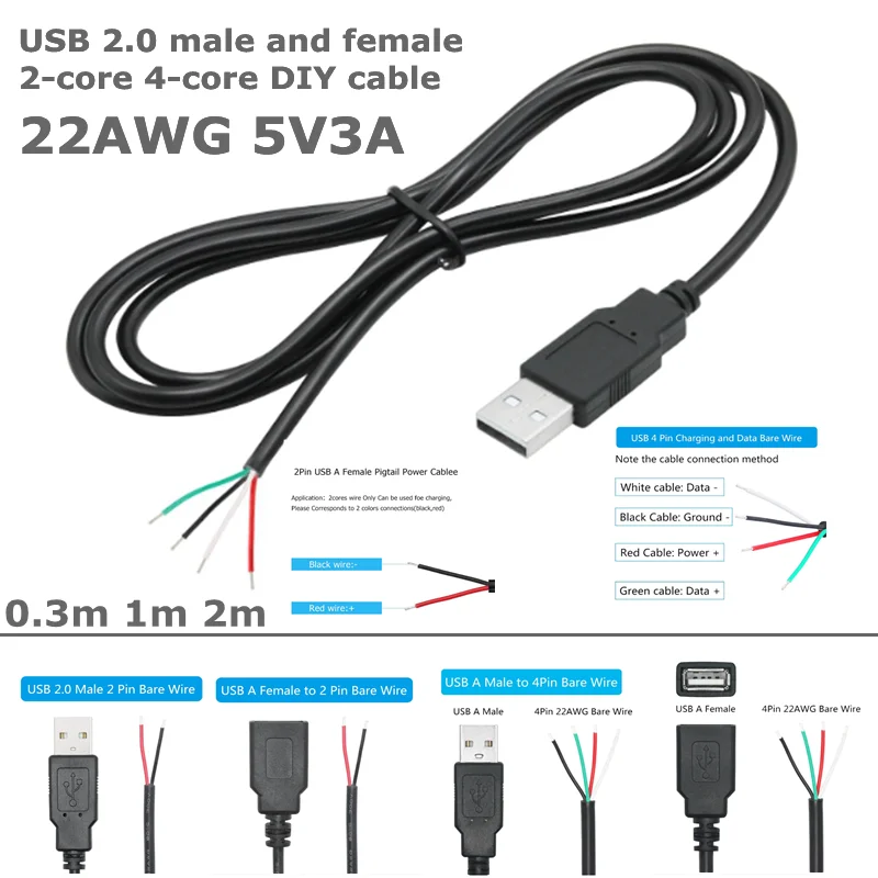 For DIY Repair 22 AWG USB 2.0 Male Female Plug to 2pin 4pin Bare Cable (Black)  5V 3A Power Data Charging Cable