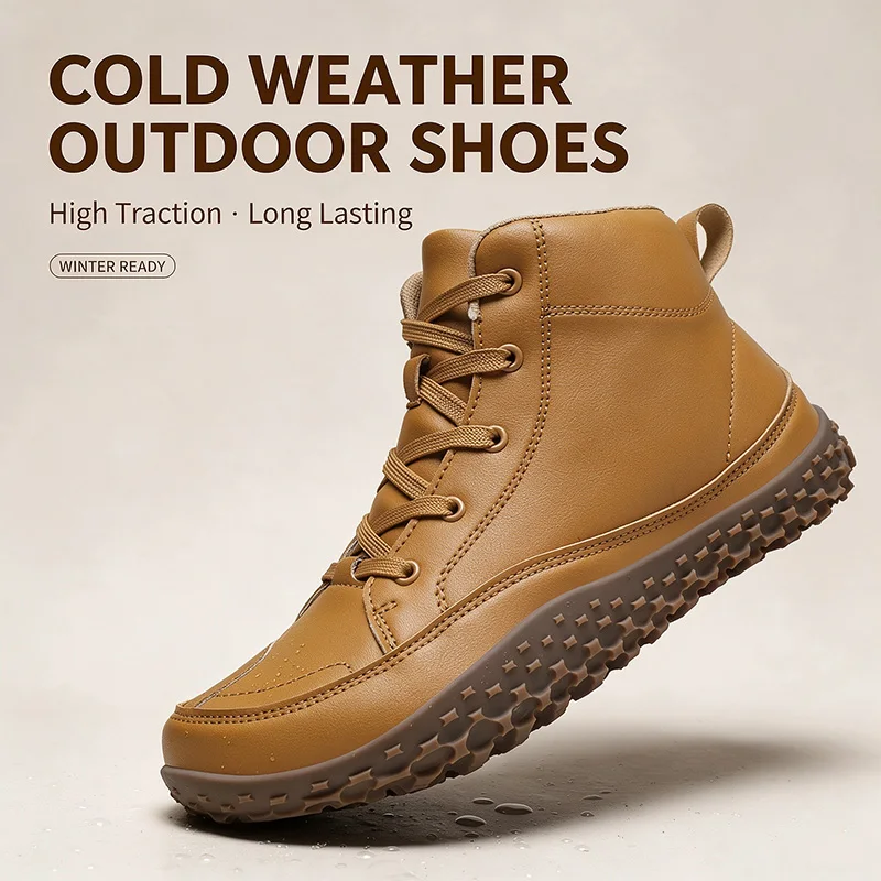 Unisex Zero Drop Minimalist Wide Toe Barefoot Hiking Boots Mid‑Top Soft Leather Non‑Slip Outdoor Trail Walking Shoes for Men