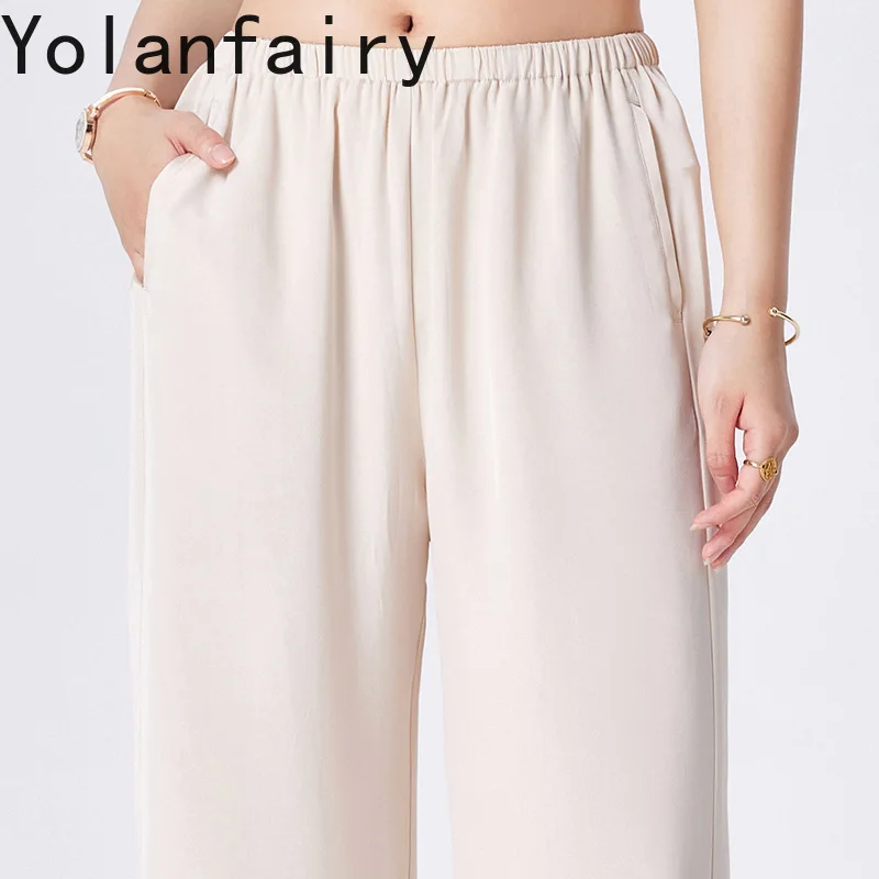 

YOLANFAIRY New 95% Real Mulberry Silk Pants Woman Clothes Spring Summer 2026 High Waist Wide-leg Pants Women Trousers Apricot