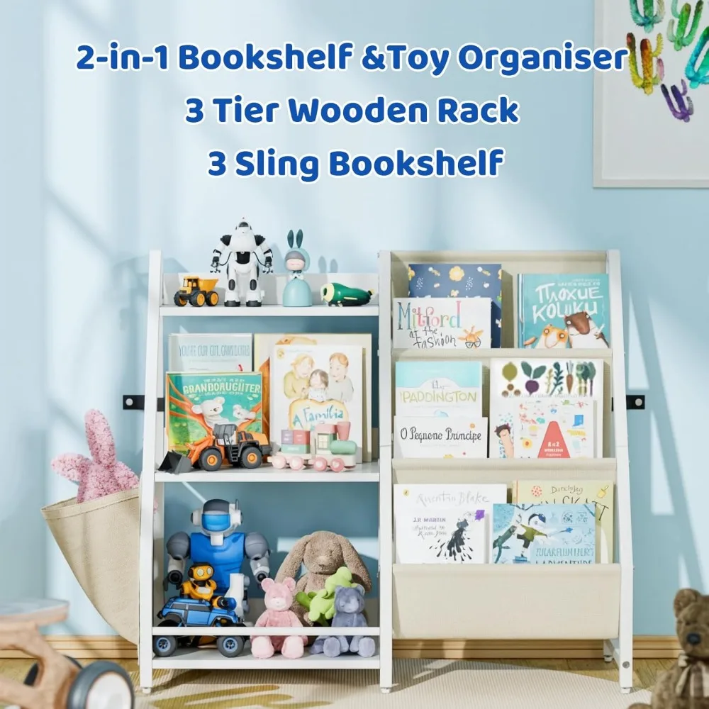 Kinder Bücherregal und Spielzeug Veranstalter, 3-stufiges Bücherregal für Kinder, Montessori Bücherregal Bücherregal für Kinderzimmer, Schlafzimmer, Spielzimmer