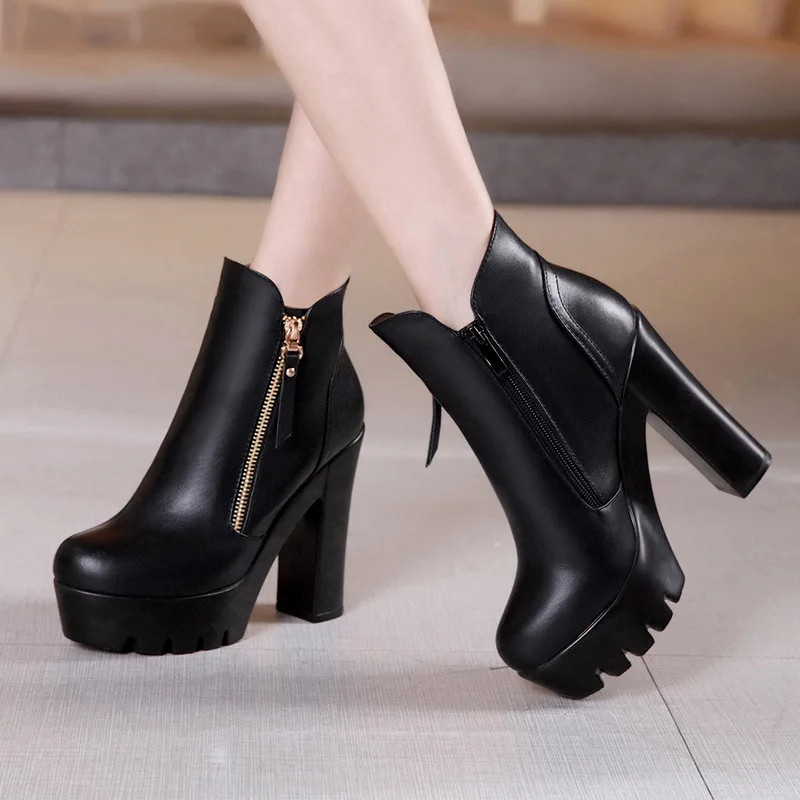 High quality short ankle leather boots for women 13cm high heel platform new 2025 autumn winter 32 33 42 43 elegant shoe black