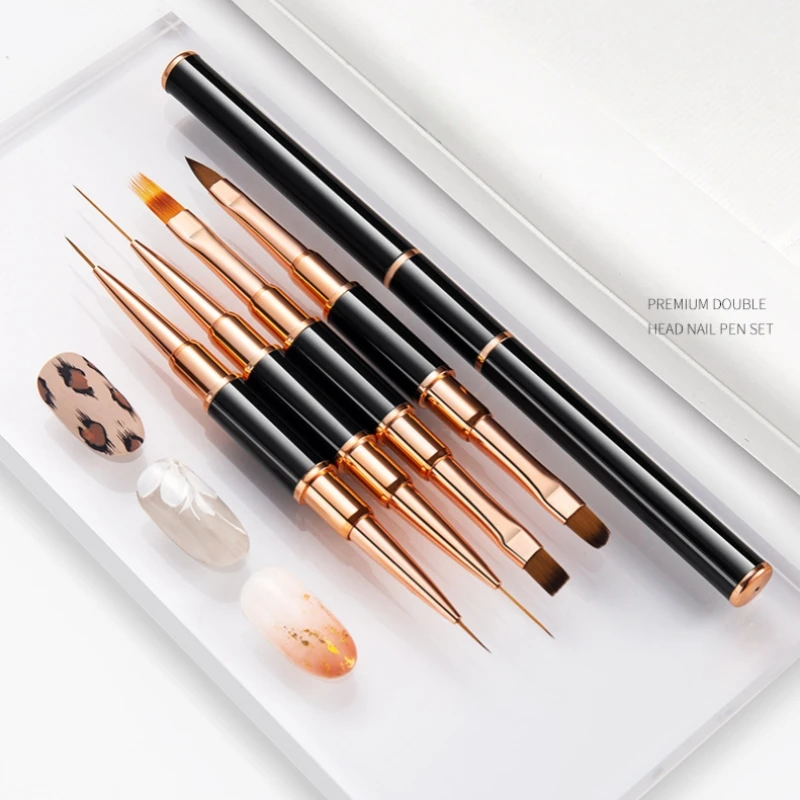 Fine Tip Double Head Nail Brushes 5Pcs, Black Appearance, Gradient Shading and 3D Nail Design Tools