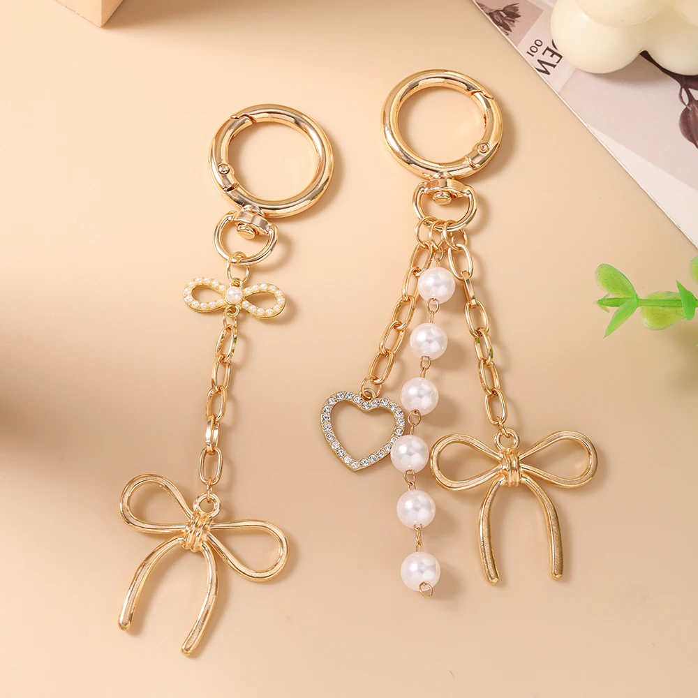 Cute Alloy Bowknot Keychain Women Girls Pearl Key Ring Pendant for Handbag Charms DIY Key Chain Jewelry Gift