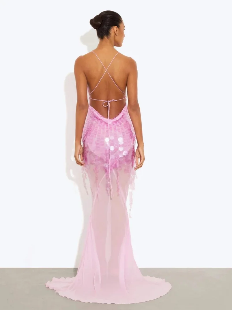 Vestidos sexis de sirena con escote en V profundo y lentejuelas para mujer, vestido ajustado sin espalda sin mangas con cordones de gasa, vestido Maxi para fiesta elegante de verano para mujer