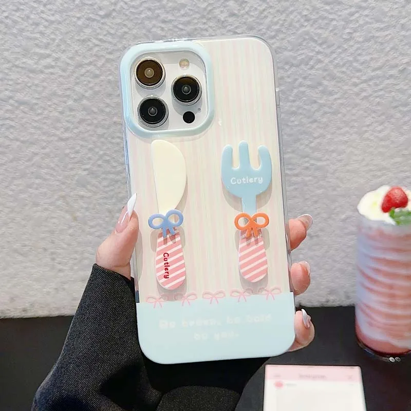 3D Cartoon Fork Knife Anti Knock Back Cover for iPhone 14 Pro Max 13 Pro Phone Case for iPhone 11 12 13 14 15 Pro Max Capa