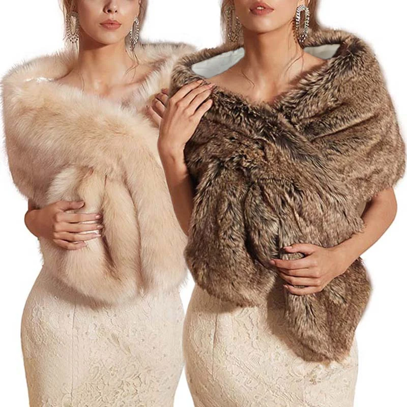 New Faux Fox Fur Shawl Women Winter Warm Soft Thicken Plush Scarves Wraps Bridal Wedding Prom Evening Party Coat Jacket Shawl