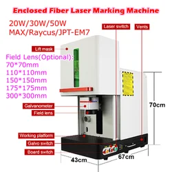 Enclosed Fiber Laser Engraver Engraving Nameplate Marking Machine 20W 30W 50W 60W Raycus JPT EM7 With Rotation Axis Rolling