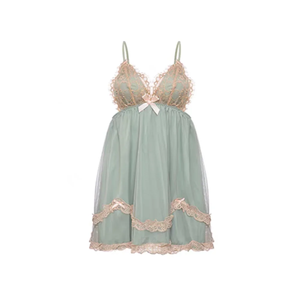 

Sweet Lace Bowknot Women's Pajama Dress Flower Ruffle Suspender Nightdress Homewear Sleepwear Sling Nightgown with Pads Club