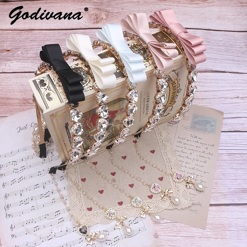 

Handmade Sweet Headdress Japanese Mine Bow Bead Chain Love Rhinestone Pendant Hair Accessories Headband Girl Women's Hairband