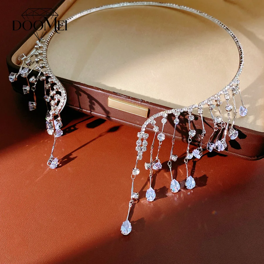 DOO MEI Shiny Crystal Tassel Headband for Women Luxury Water Drop Rhinestone Chain Necklace Bridal Wedding Party Jewelry
