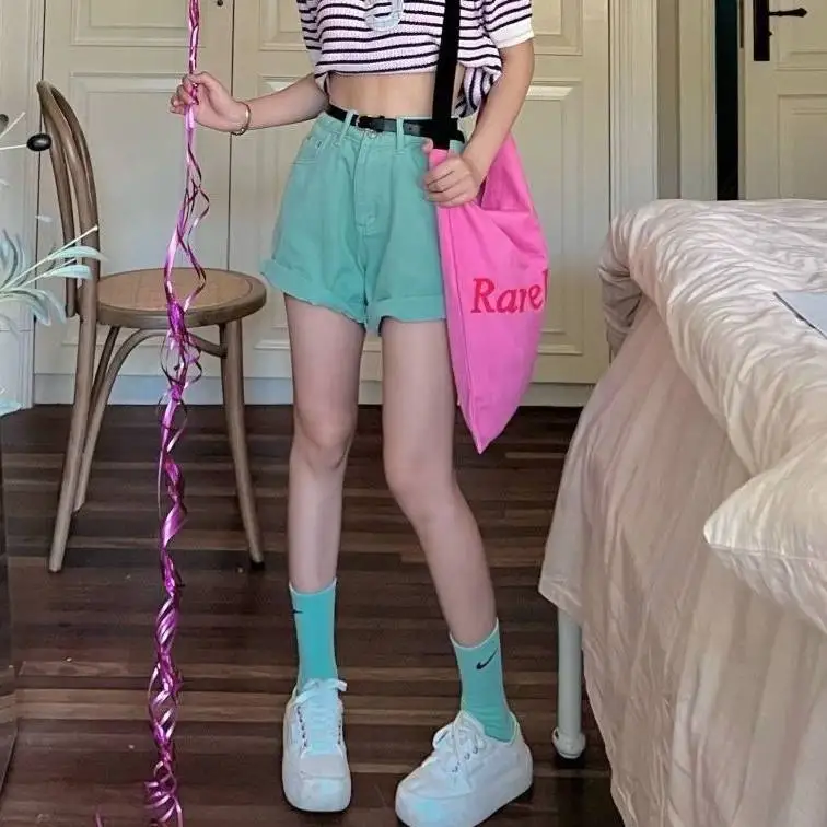 Sweet High Waist Loose Wide Leg Jeans Shorts Youth Mint Wave Korean Style Summer New Arrival Slimming Cotton Zipper Back