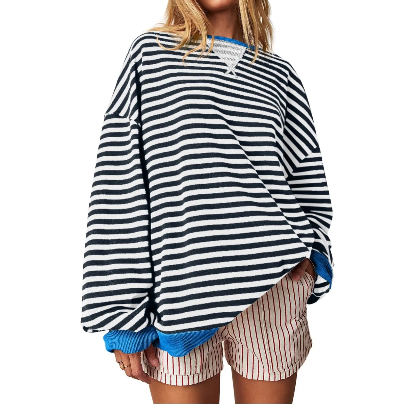 Women\'s Oversized Blouses Striped Color Blocking Long Sleeved Round Neck Sports T-Shirts Casual Loose O-Neck Pullover Shirt Tops