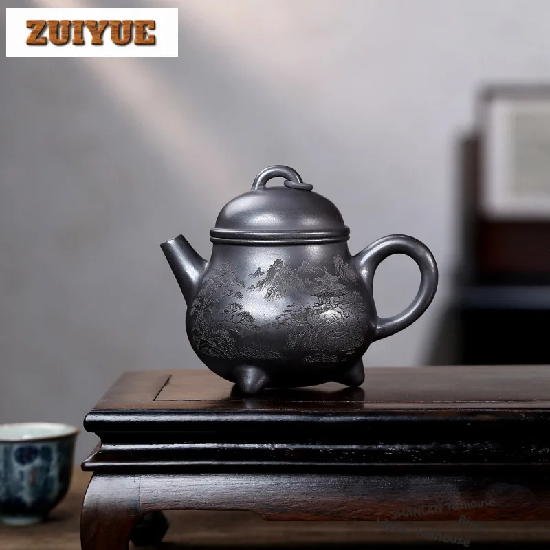

300ml Aesthetic Yixing Purple Clay Teapots Handmade Tripodia Pot Raw Ore Stone Yellow Mud Kettle With Filter Zisha Tea Set Craft