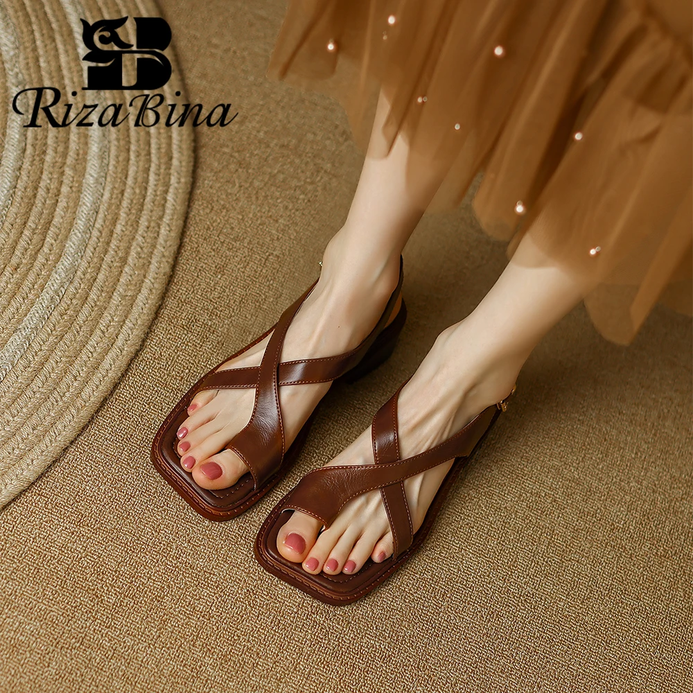 

RIZABINA Size 36-41 Women Flat Sandals Genuine Leather Clip Toe Summer Shoes Ladies Outdoor Beach Low Heel Sandalias 2024 Trend