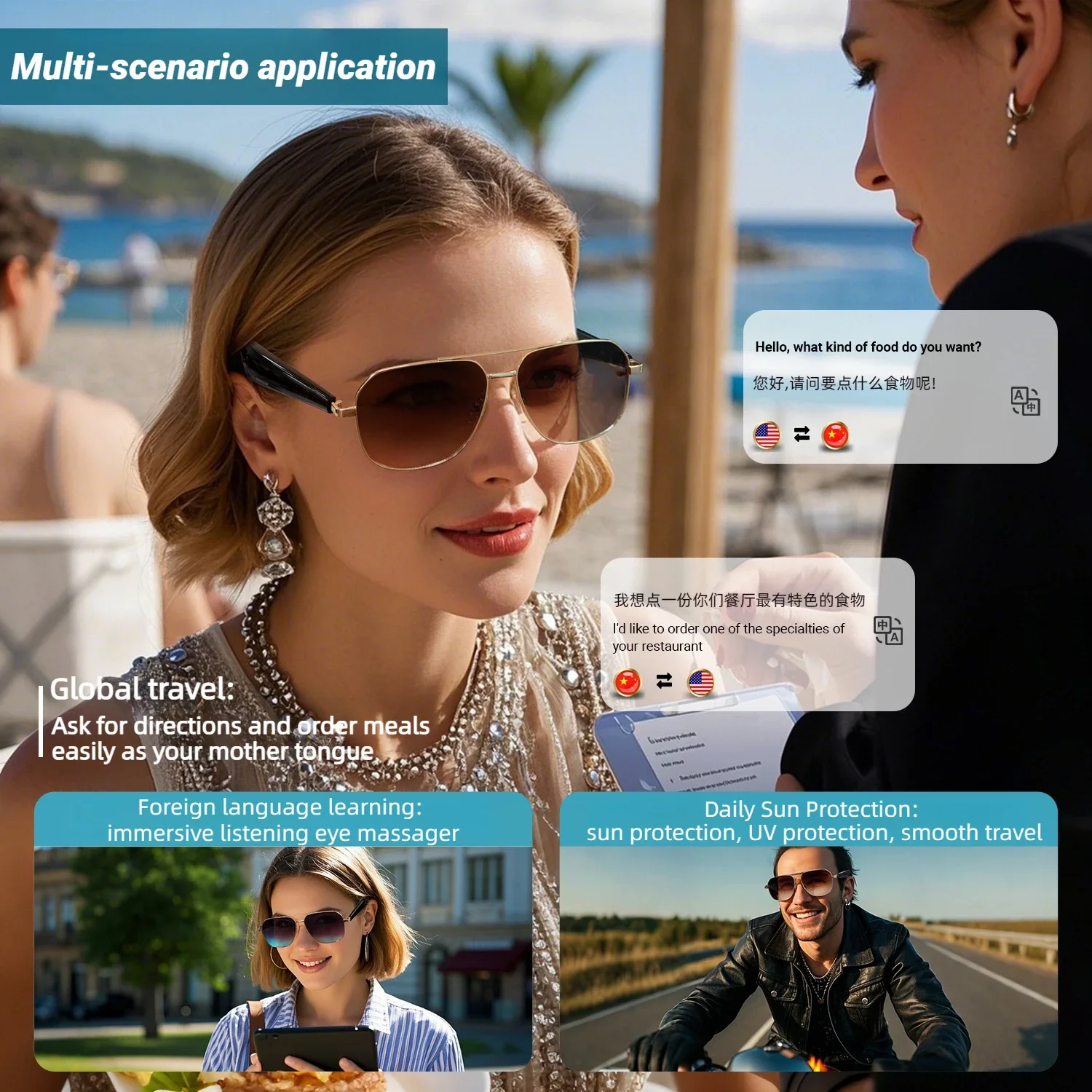KIZN AI بلوتوث ترجمة وصفة طبية قصر النظر النظارات الشمسية أكثر من 100 لغة في الوقت الحقيقي المكالمات الهاتفية النظارات التقدمية #4