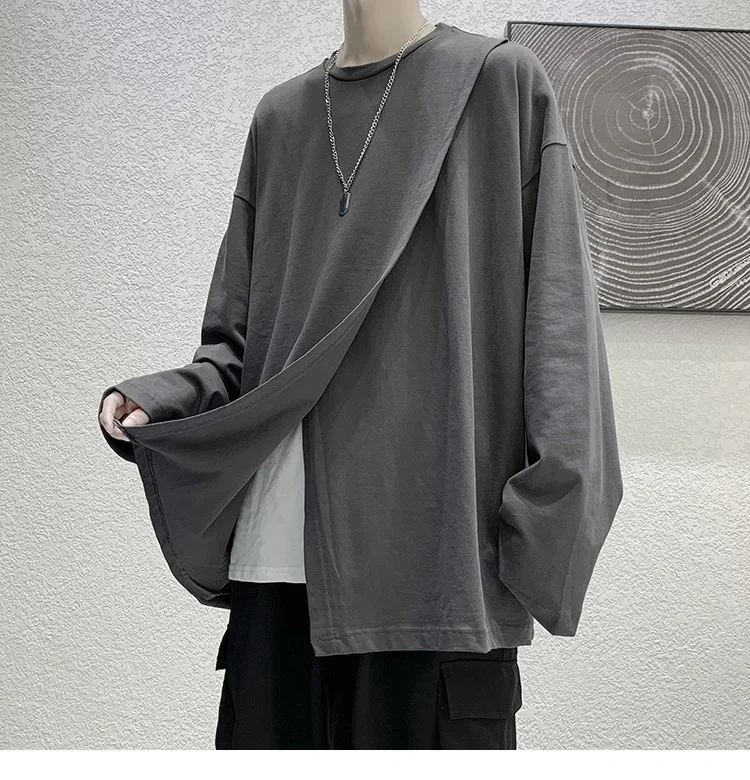 Autumn Split Cloak Long-sleeved T-shirt Men Loose Korean Solid Tops Student Couples All-match Tshirts Harajuku High Street Tees