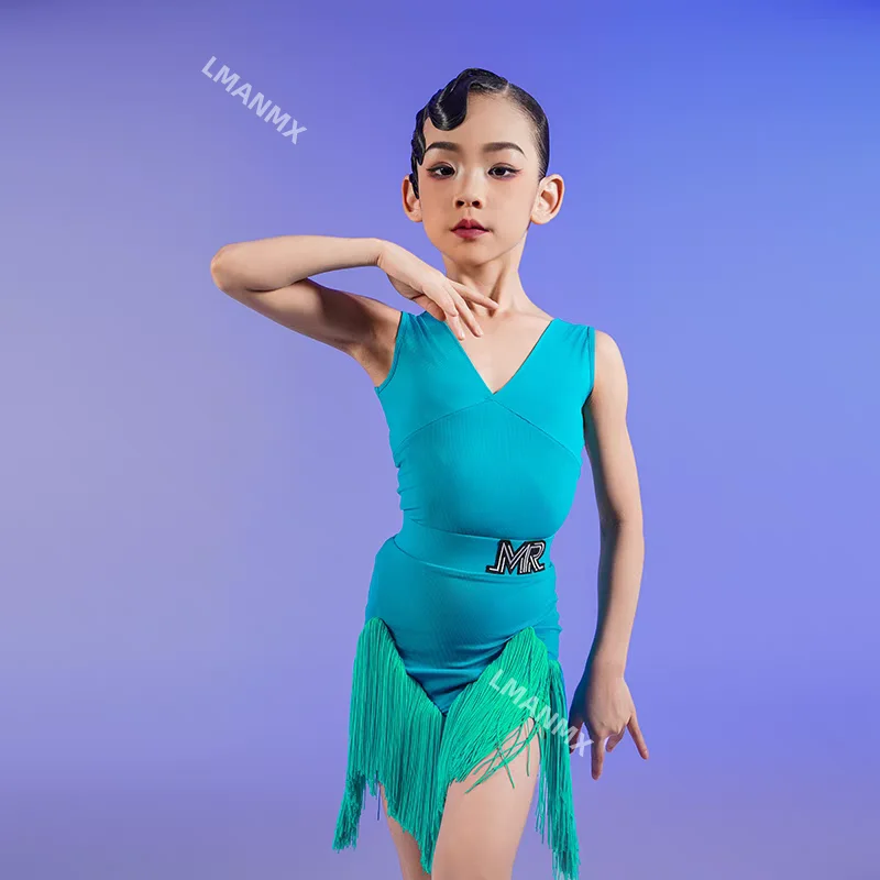 2025 verão nova menina vestido de dança latina sem mangas com decote em v borla tri cor emenda prática vestido