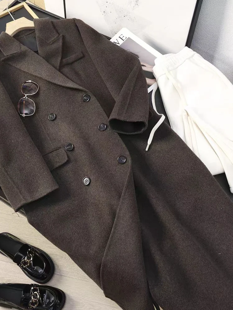 Casaco de Lã Dupla Face de Tweed com Botões Duplos para Mulheres, Moda Casual, Luxo Discreto