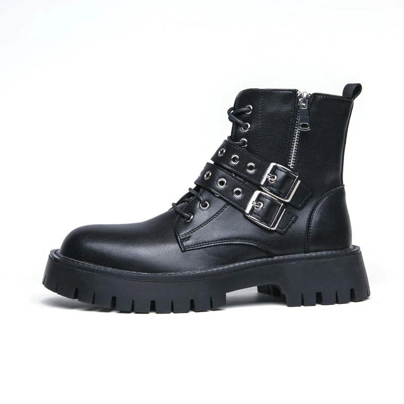 New Black Motorcycle Boots for Men Brown Lace-up Round Toe Platform Short Boots Western Boots Size 38-45
